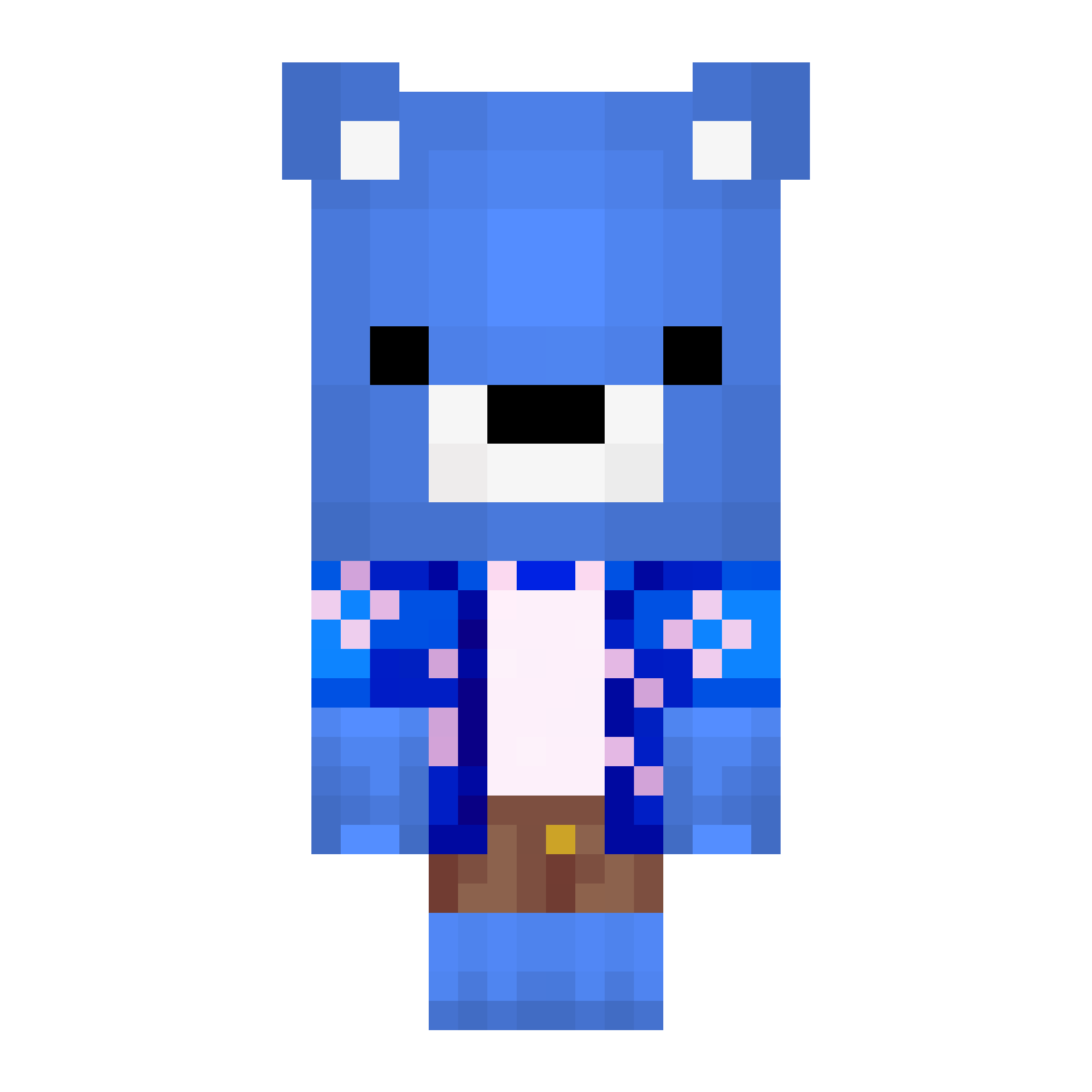 Blue bear Minecraft character with blue and whtie shirt standing and staring to the left.